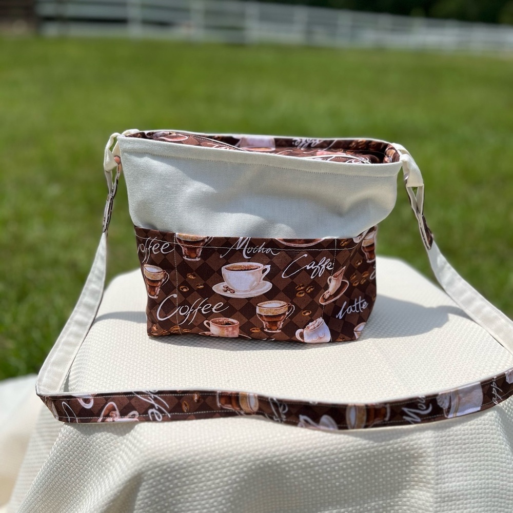 Handmade cotton purse coffee lover pattern.